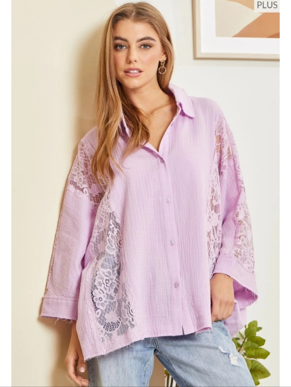 Andree By Unit M Lilac Gauze Lace Inset Oversized Button Up Blouse